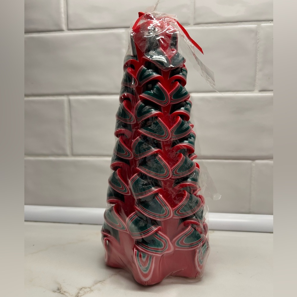 Ribbon candle red green Christmas tree carved vintage made in Korea